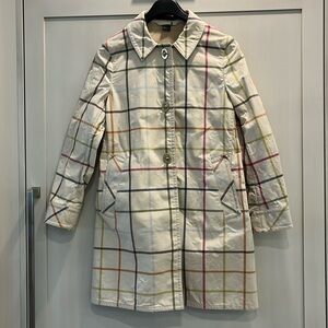 GUC Coach light tan plaid raincoat with brass twist clip close